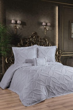 Zehra King Size Cotton Bedspread Set, Coverlet 240x250,with Pillowcase, Double Size, Cotton Fabric, Gray - Thumbnail